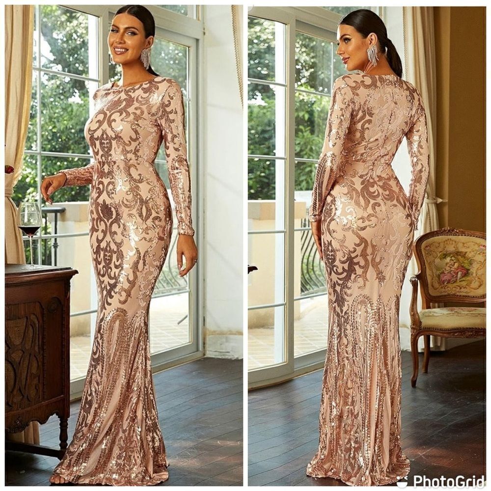 New Gold Elegant Dress Zip Back Maxi Sequin Bodycon Prom Dress